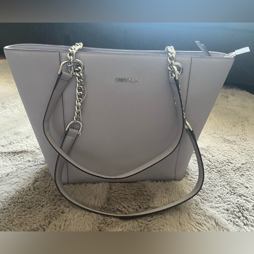 Women’s Calvin Klein Hayden Saffiano Leather East/West Top Zip Chain Tote Bag
